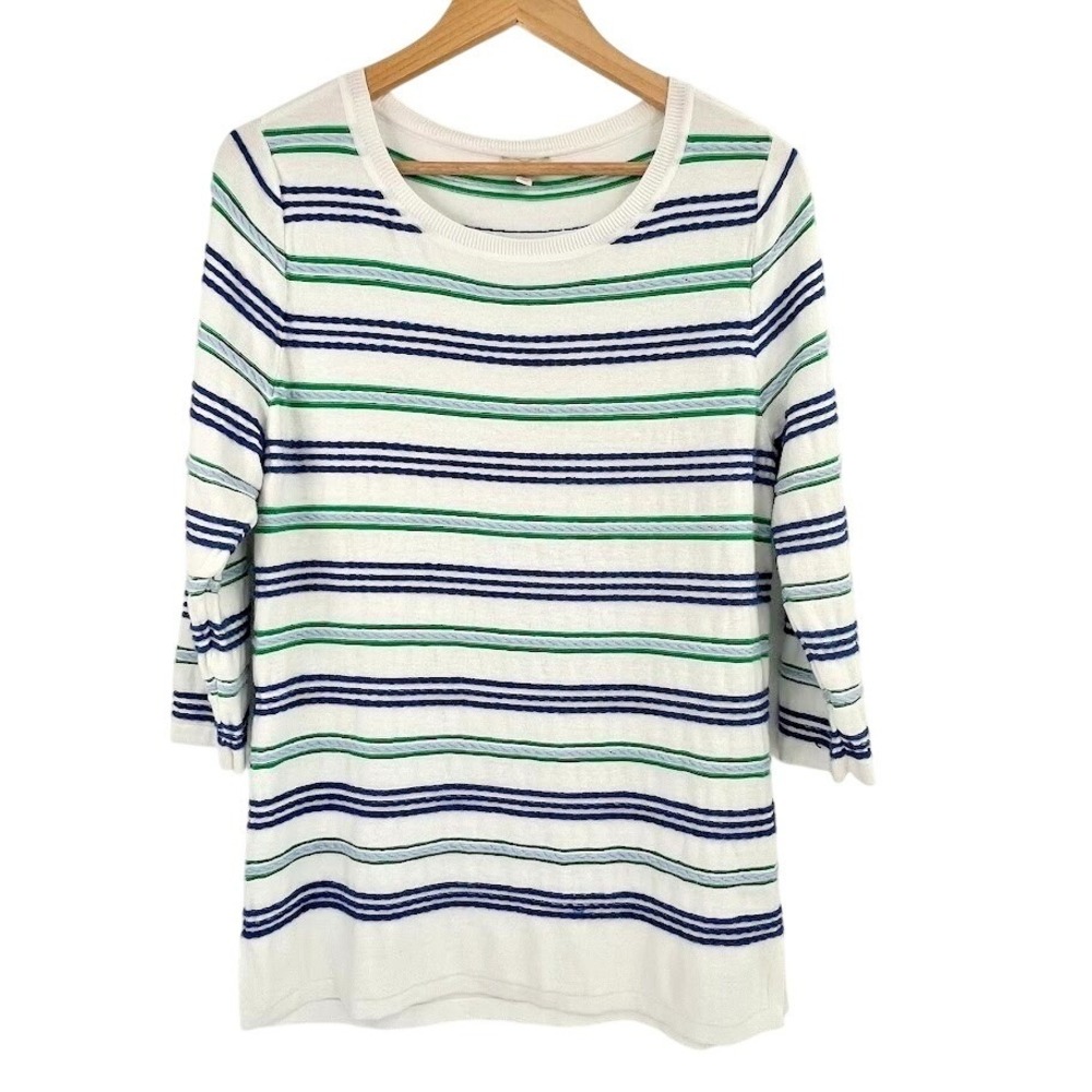 Talbots Factory Fair Isle Striped Knit Medium Pullover Sweater‎ White Blue Green